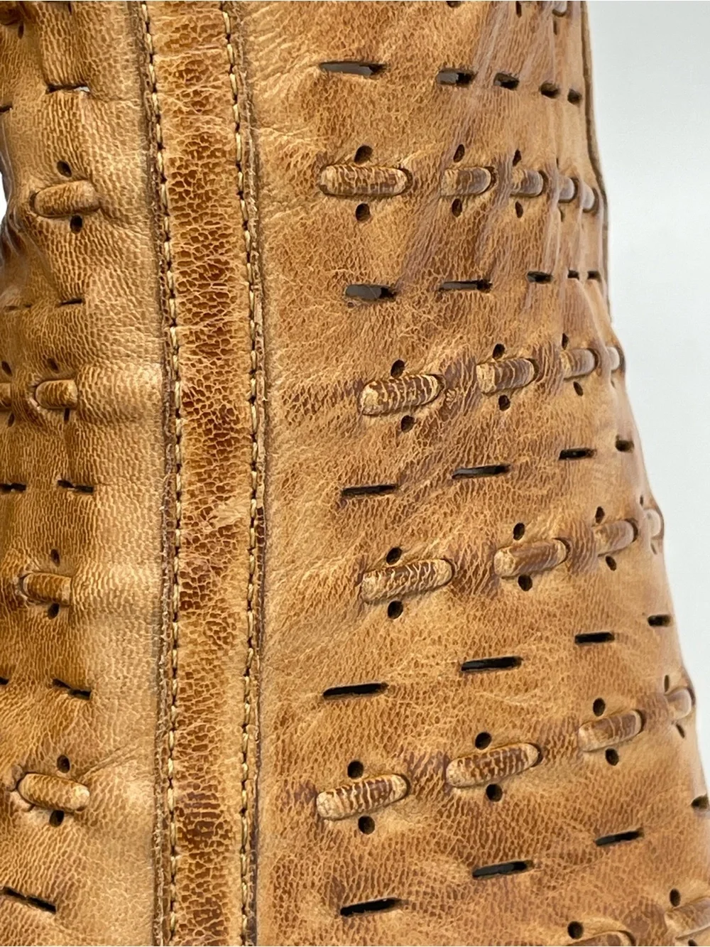 Diba True Need Be Tan Distressed Boho Perforated Leather Wedge Sandals.